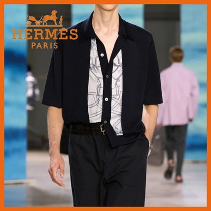 HERMES エルメス 半袖シャツ シルク100% Lサイズ エルメスメンズシルクシャツ 柄入り サイズ43 紺 メンズ 長袖