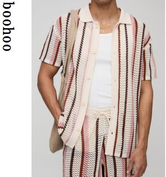 boohoo MAN 半袖 ストライプ ボタン ニット シャツ カーディガン