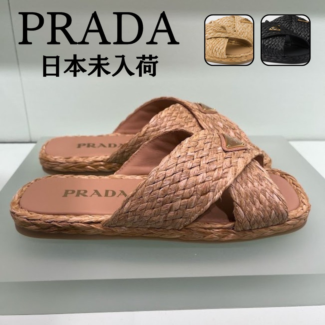 日本未入荷◆ロゴプレート付き クロスオーバーラフィアミュール