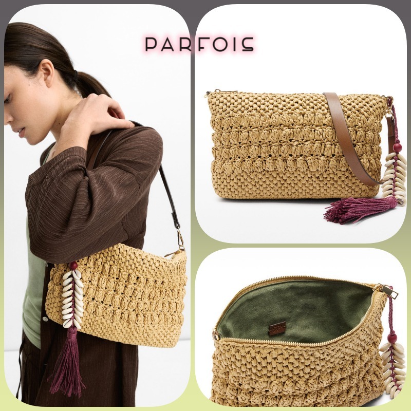 シェルデティール付★人気PARFOIS★ラフィア風ショルダーバッグ