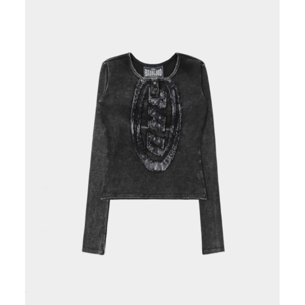 ★BADBLOOD★ Squad Logo Henley Neck Long Sleeve Black w-tee2