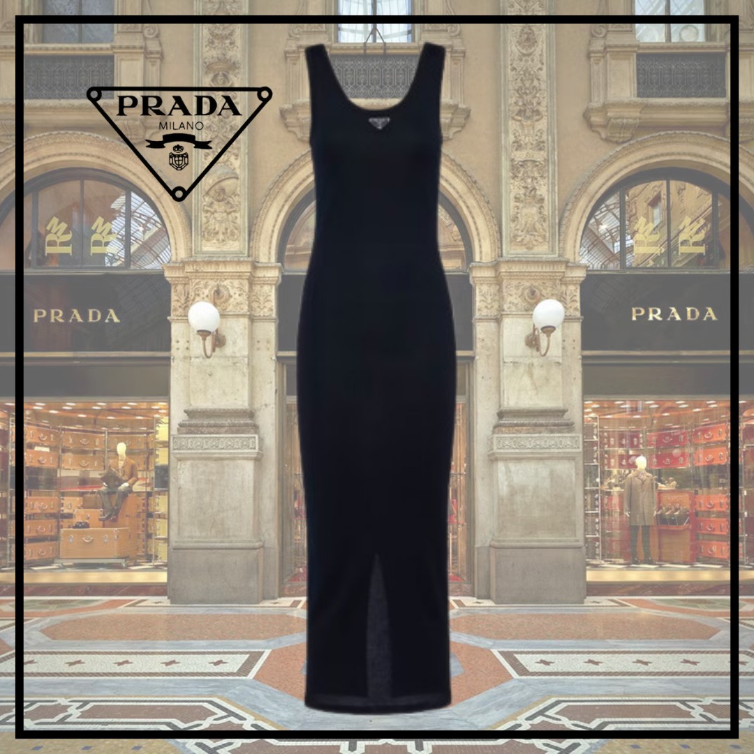 【PRADA】リブニットコットンドレス ワンピース★ネイビー