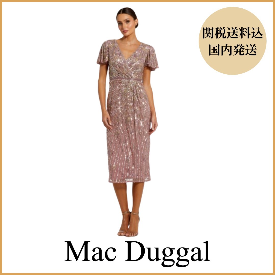 【Mac Duggal】Embellished Faux Wrap Flutter Dress 関税送料込