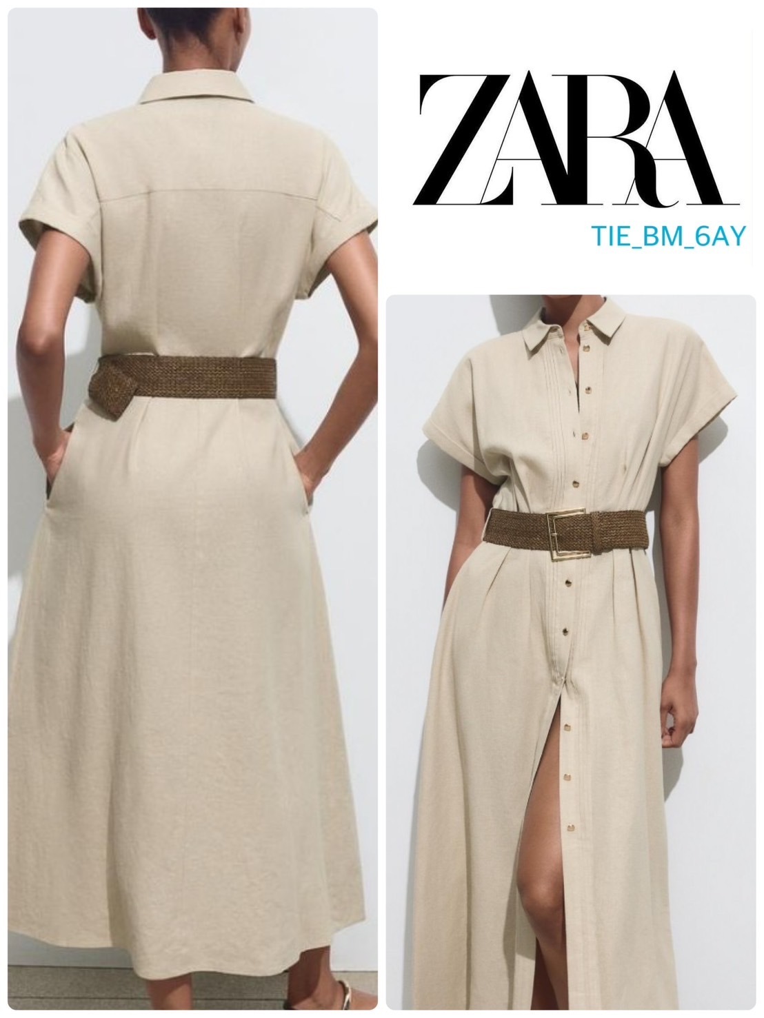 スペイン発送 ZARA リネンベルト付きミディドレス 今季新作！