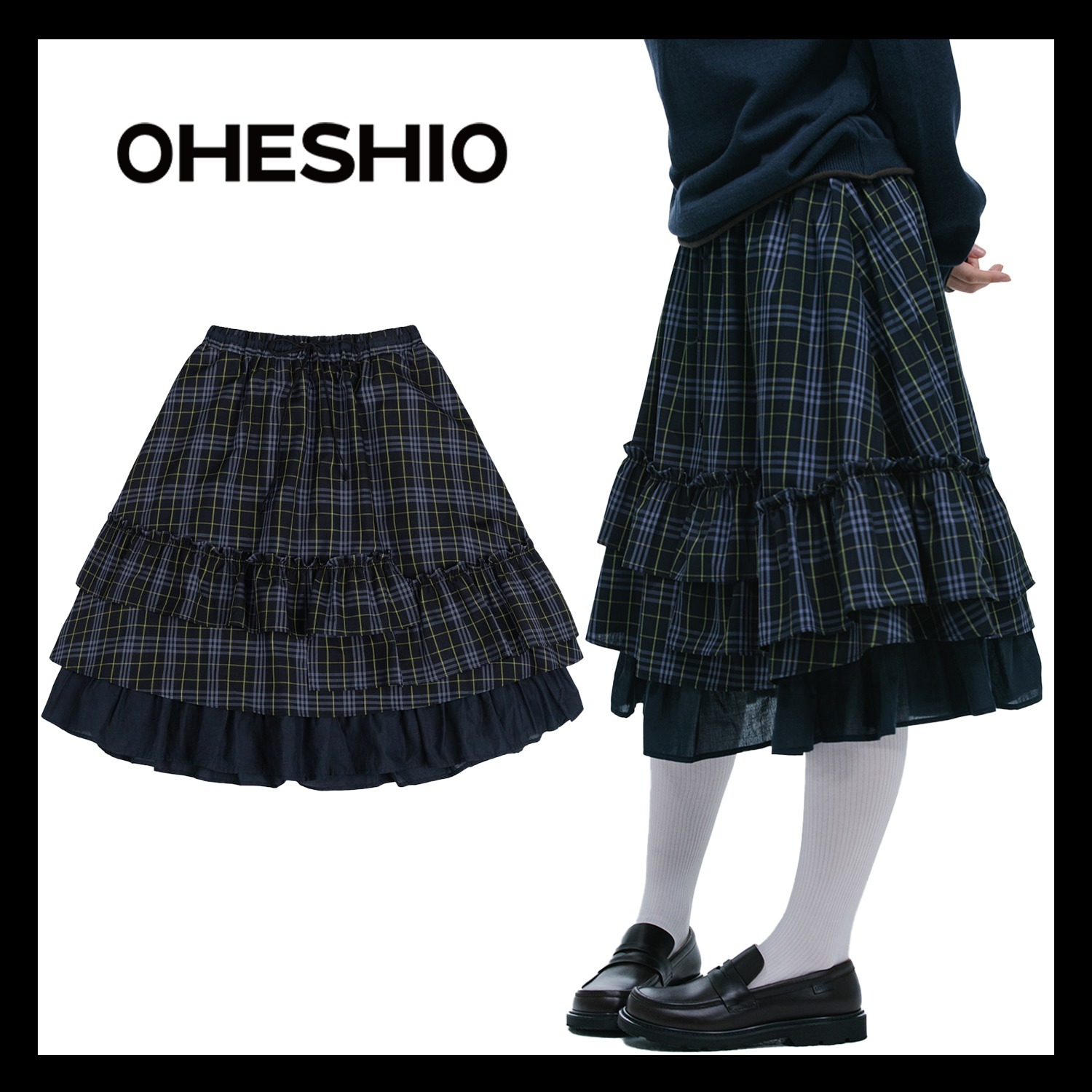 【OHESHIO】CHECK FRILL MIDI SKIRT チェックフリルスカート