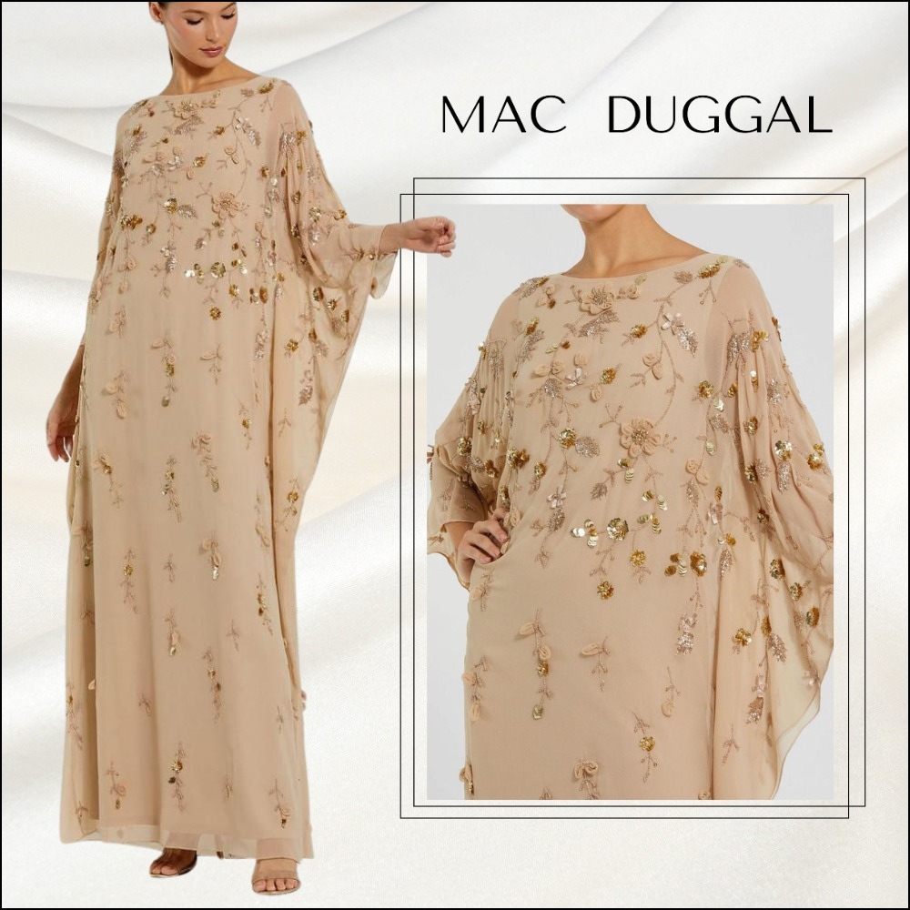 関税送料込【MAC DUGGAL】ロング ワンピース 装飾 花柄 ベージュ