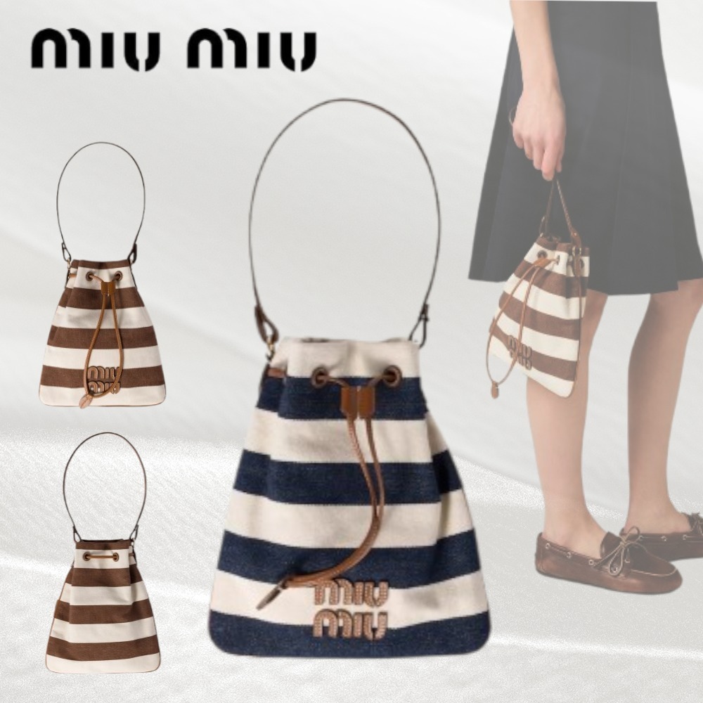 【MiuMiu】ストライプ ファブリック ドローストリングポーチ