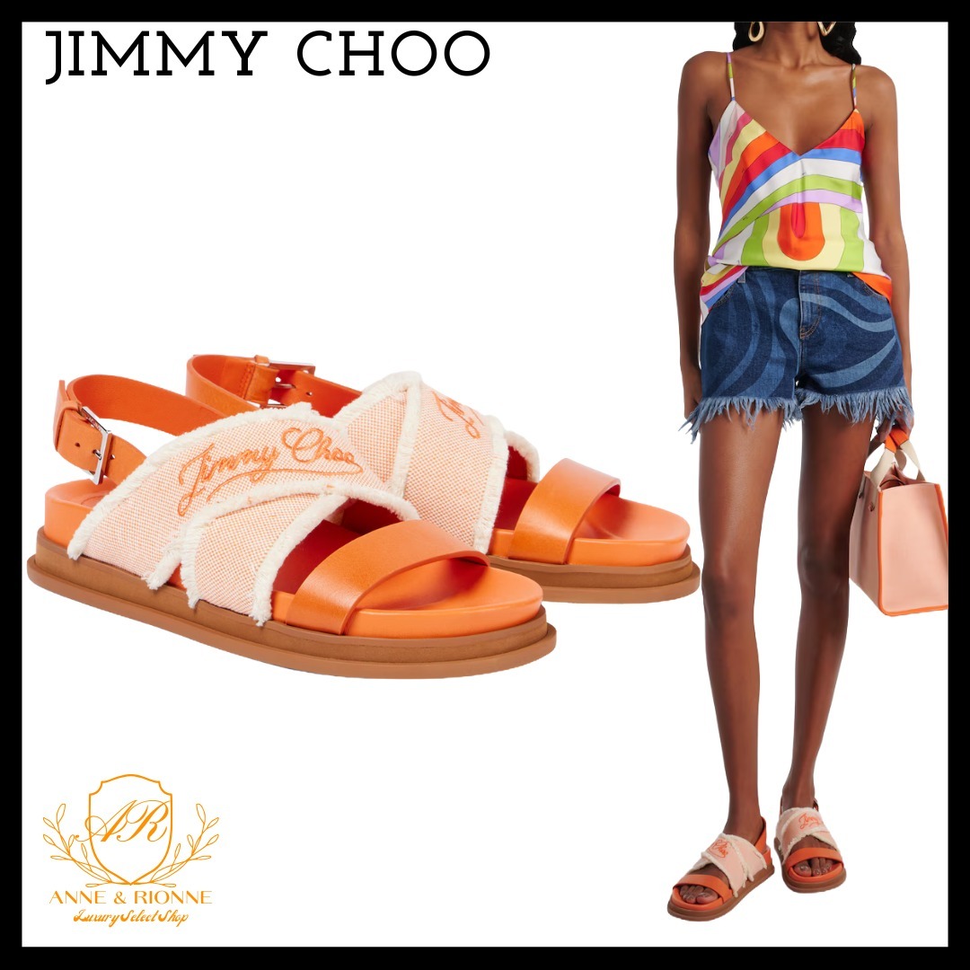 JIMMY CHOO 刺繍キャンバス＆レザーサンダル アンクルストラップ