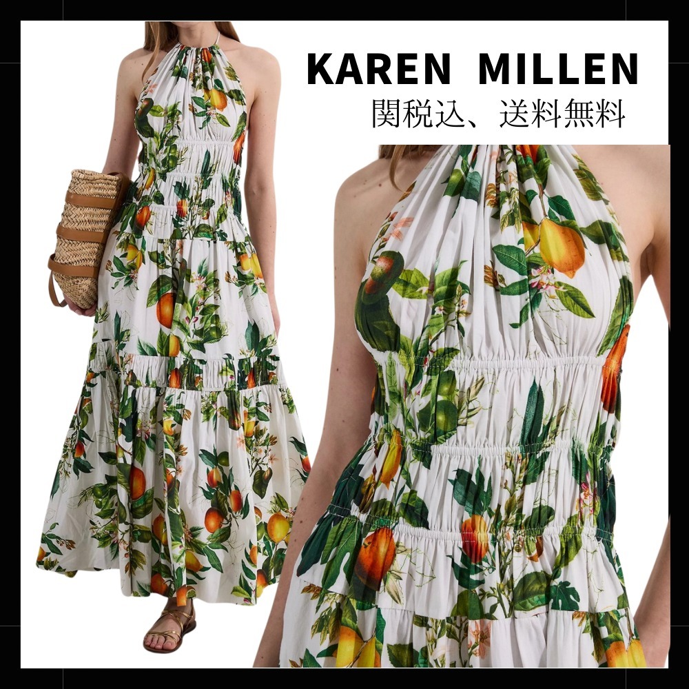 【KAREN MILLEN】ティアードフルーツプリントホルタードレス