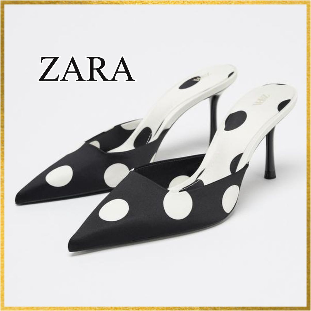 ZARA｜サテン調ドット柄ミュール パンプス スリングバック 水玉