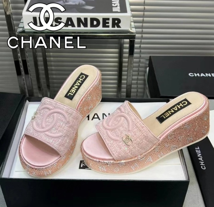 《CHANEL》サンダル ラインストーン ツイード ピンク CCロゴ