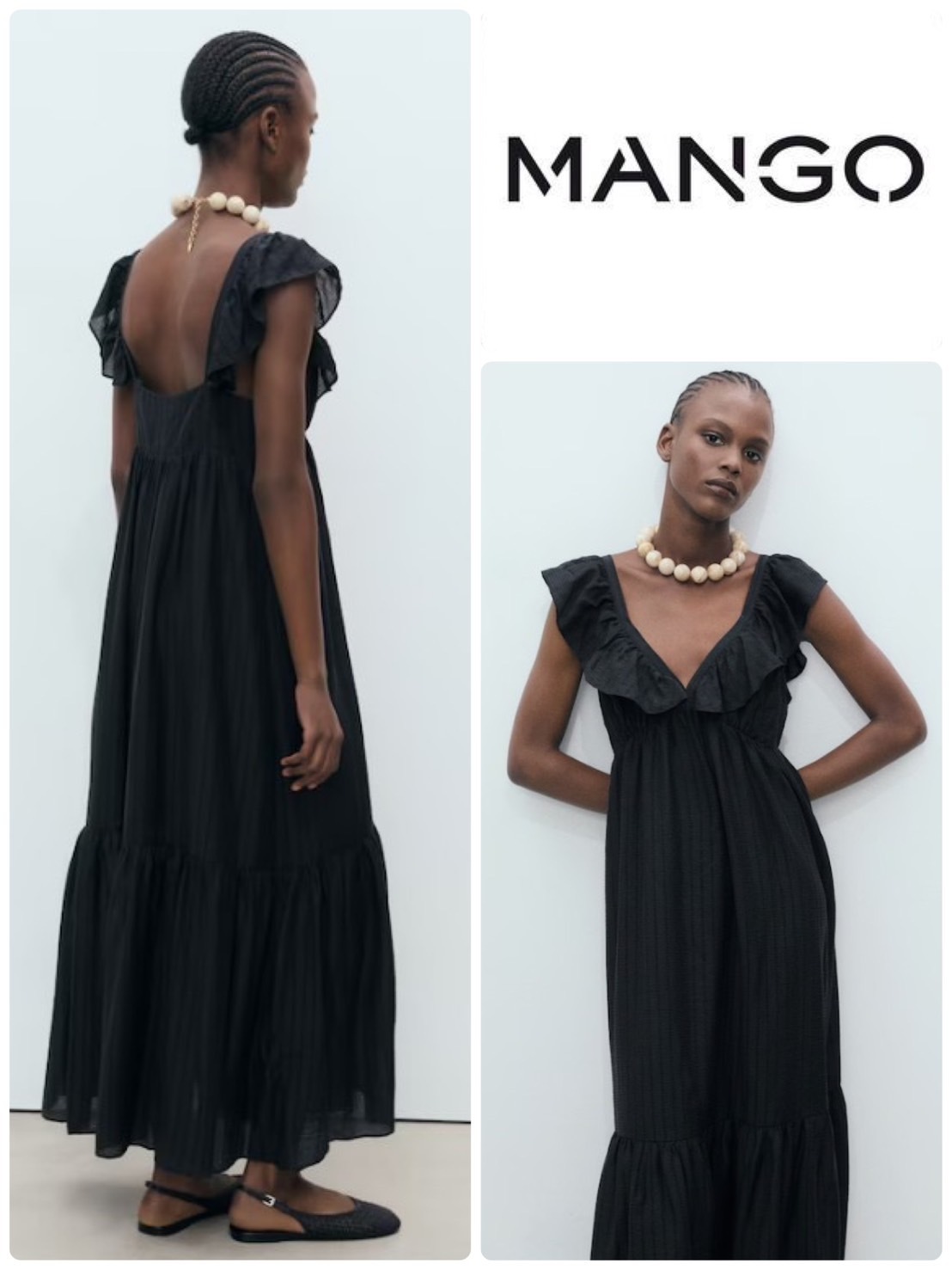 スペイン発送 MANGO フリルネックラインのロングドレス 今季新作