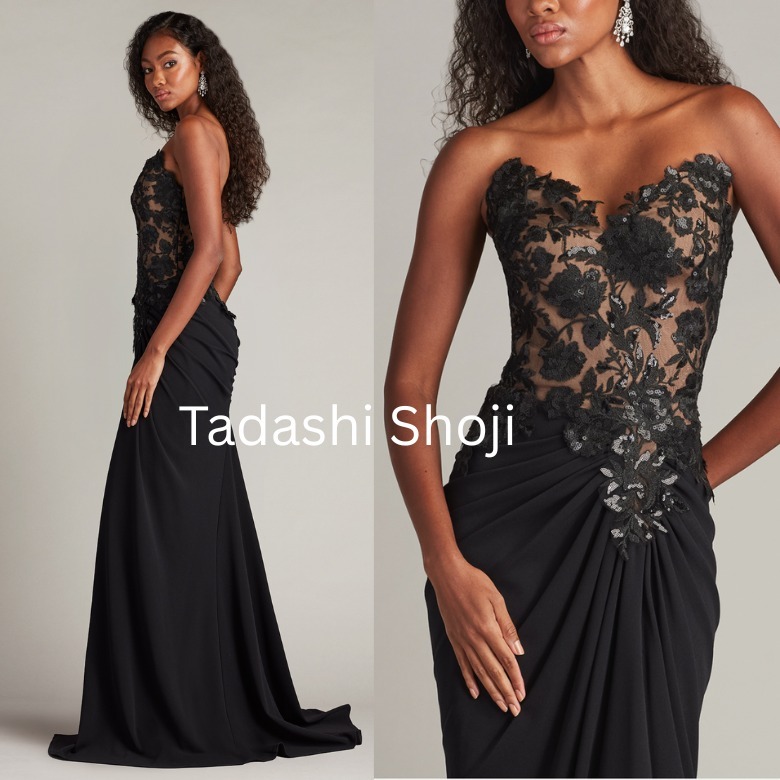 TADASHI SHOJI ドレープ黒スパンコールロングドレス スリット