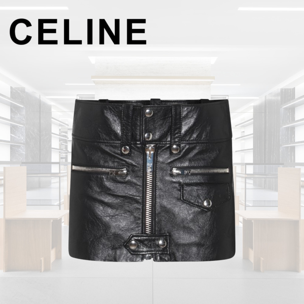早い者勝ち 超人気 CELINE ミニスカート ロック レザー 黒