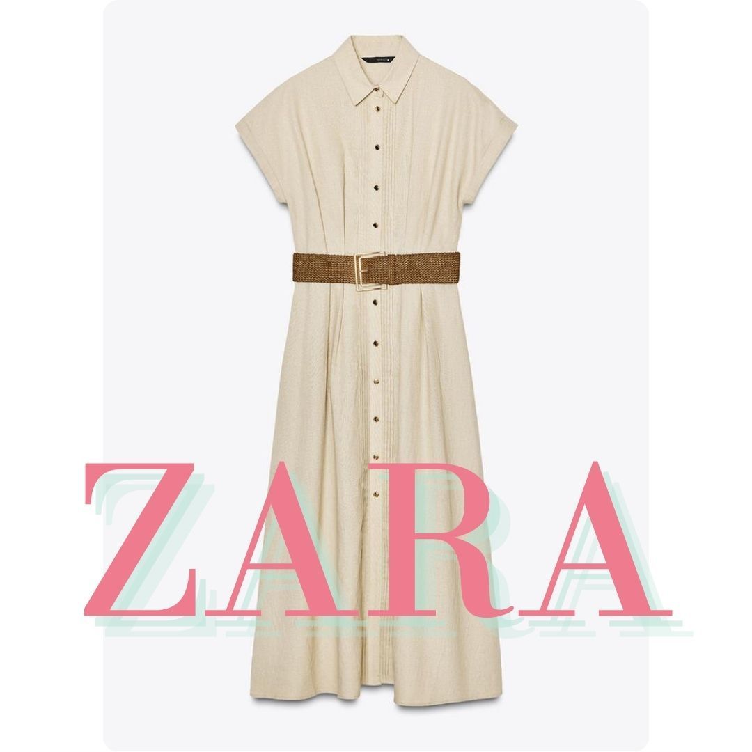 ZARA リネン ベルト付きミディ丈ワンピース 8372/105