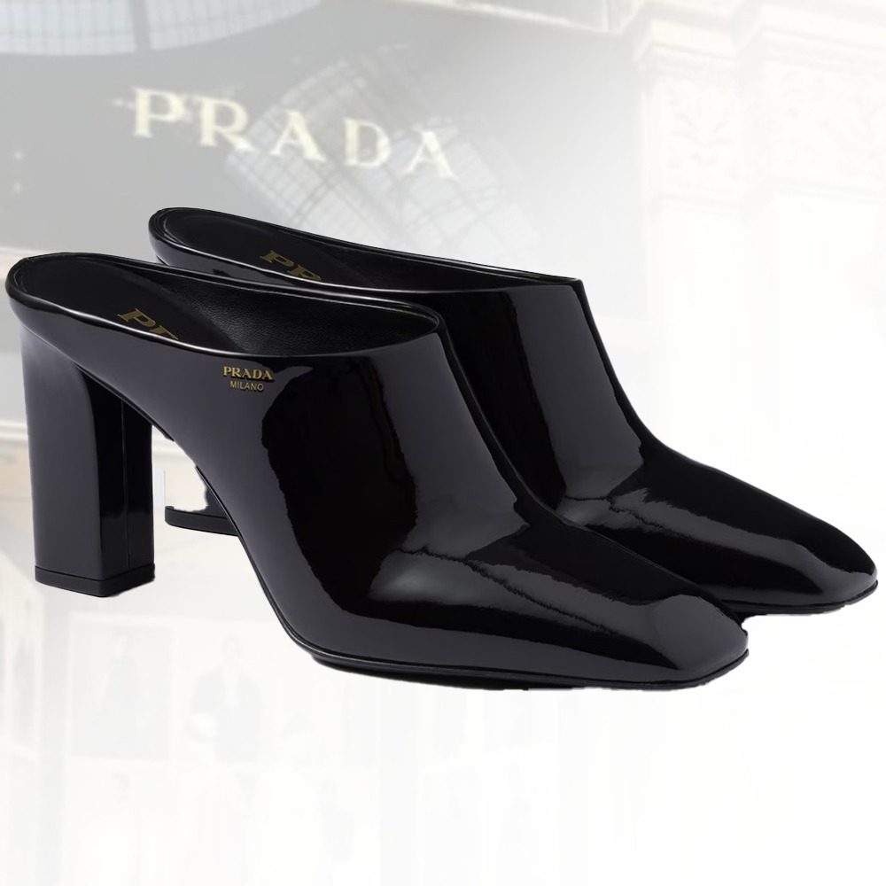 【モダンエレガンス】PRADA パテントカーフレザーヒール付きサボ
