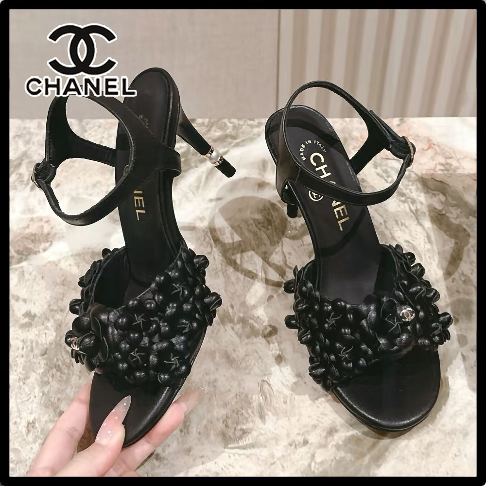 【花モチーフ☆シックな黒】★CHANEL★ストラップサンダル