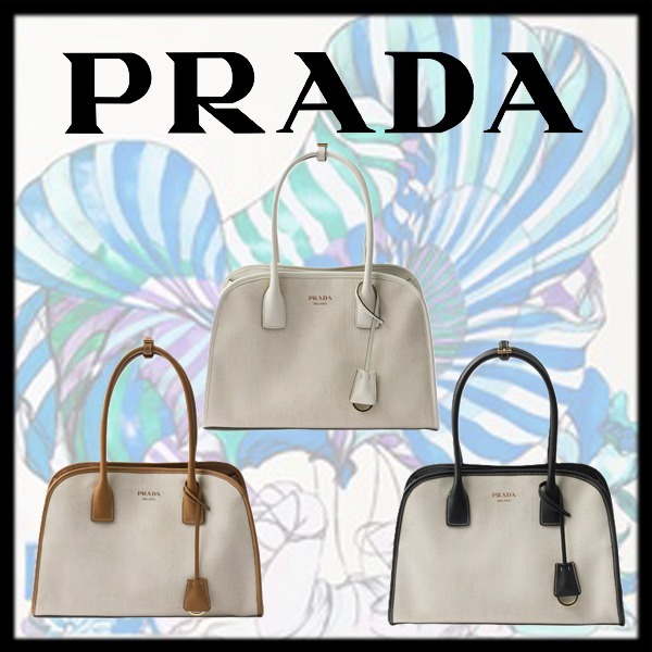 新作【PRADA】レザー&リネン トートバッグ、全3色