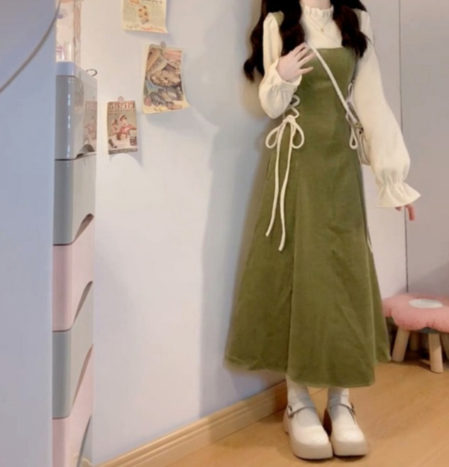 レトロ ロングワンピース ノースリーブ リボン紐 ガーリー