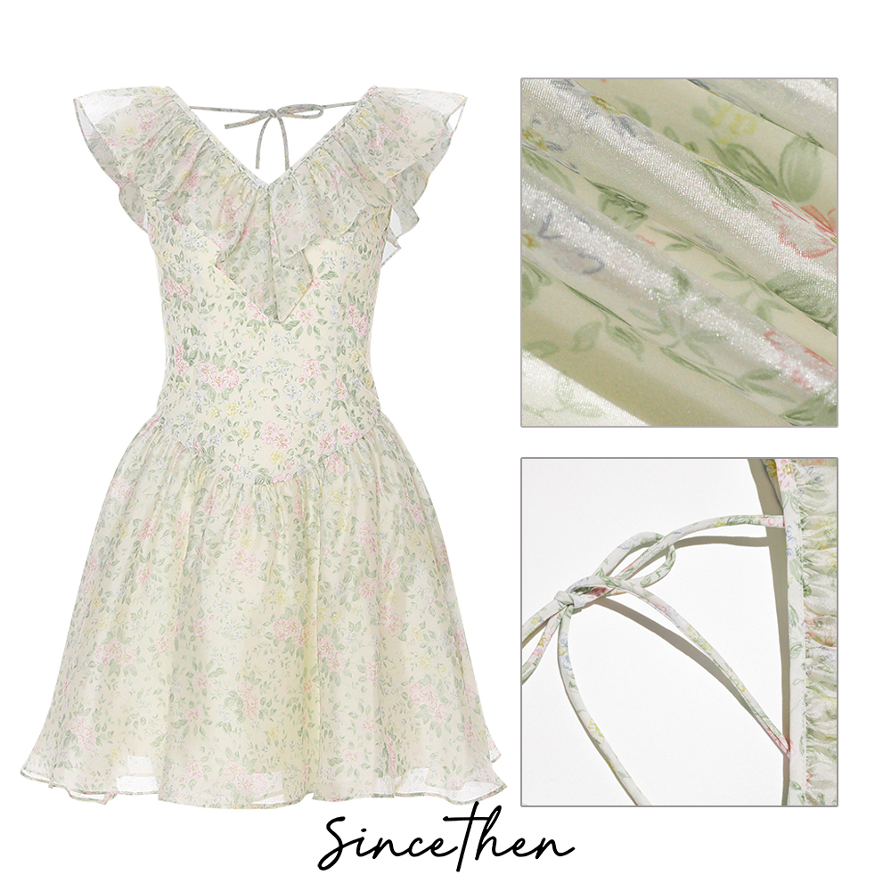 SinceThenキュート vネック フリル 花柄 ショートワンピース