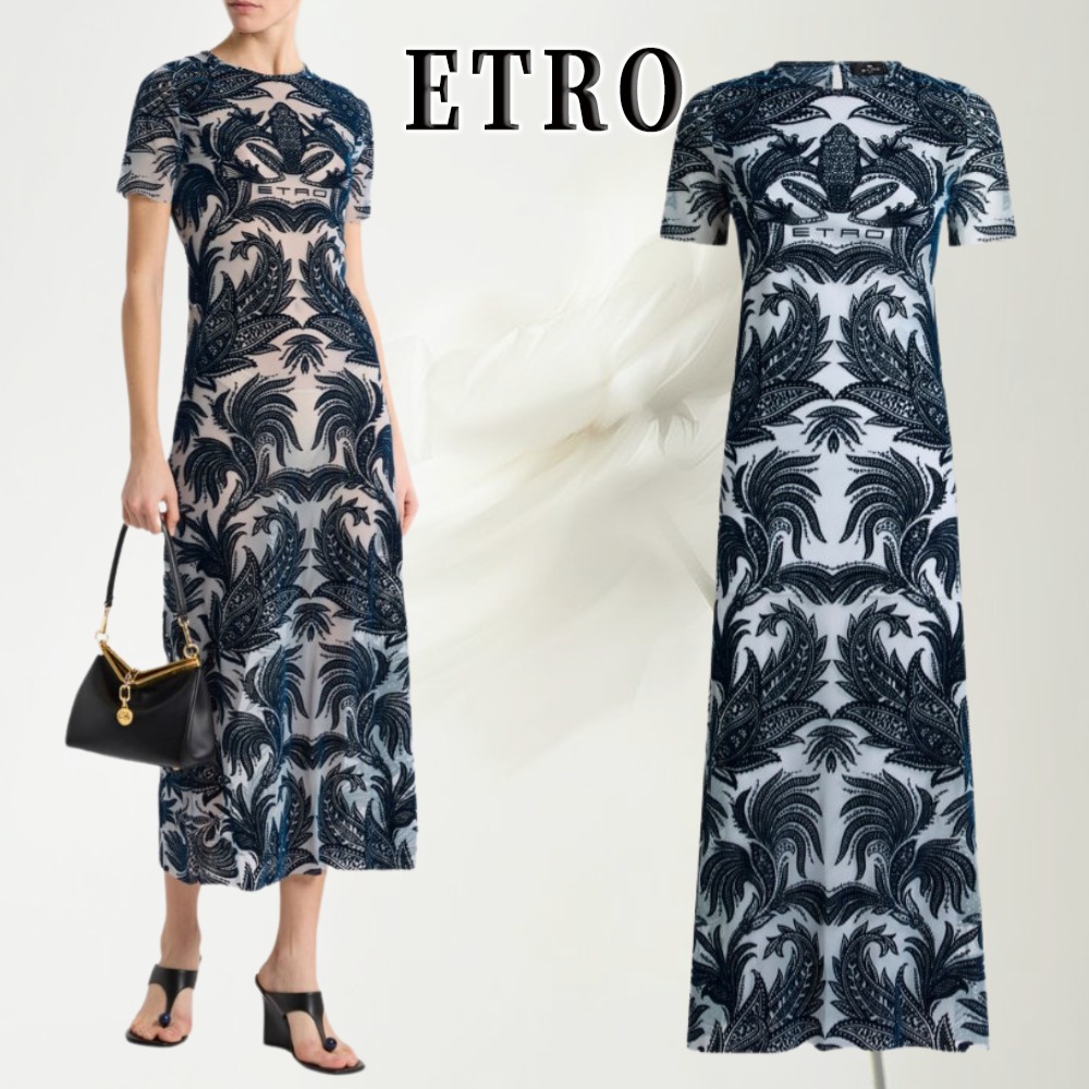 【華やかな】ETRO フロックチュールシースドレス ネイビー