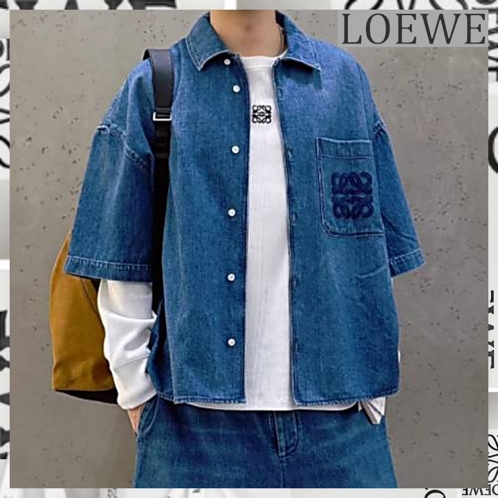 ☆アナグラム刺繍入り☆【LOEWE】半袖デニムコットンシャツ