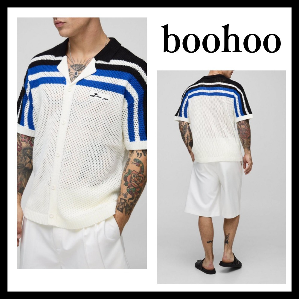 ◆boohoo◆リラックスフィット ストライプニットシャツ / blue