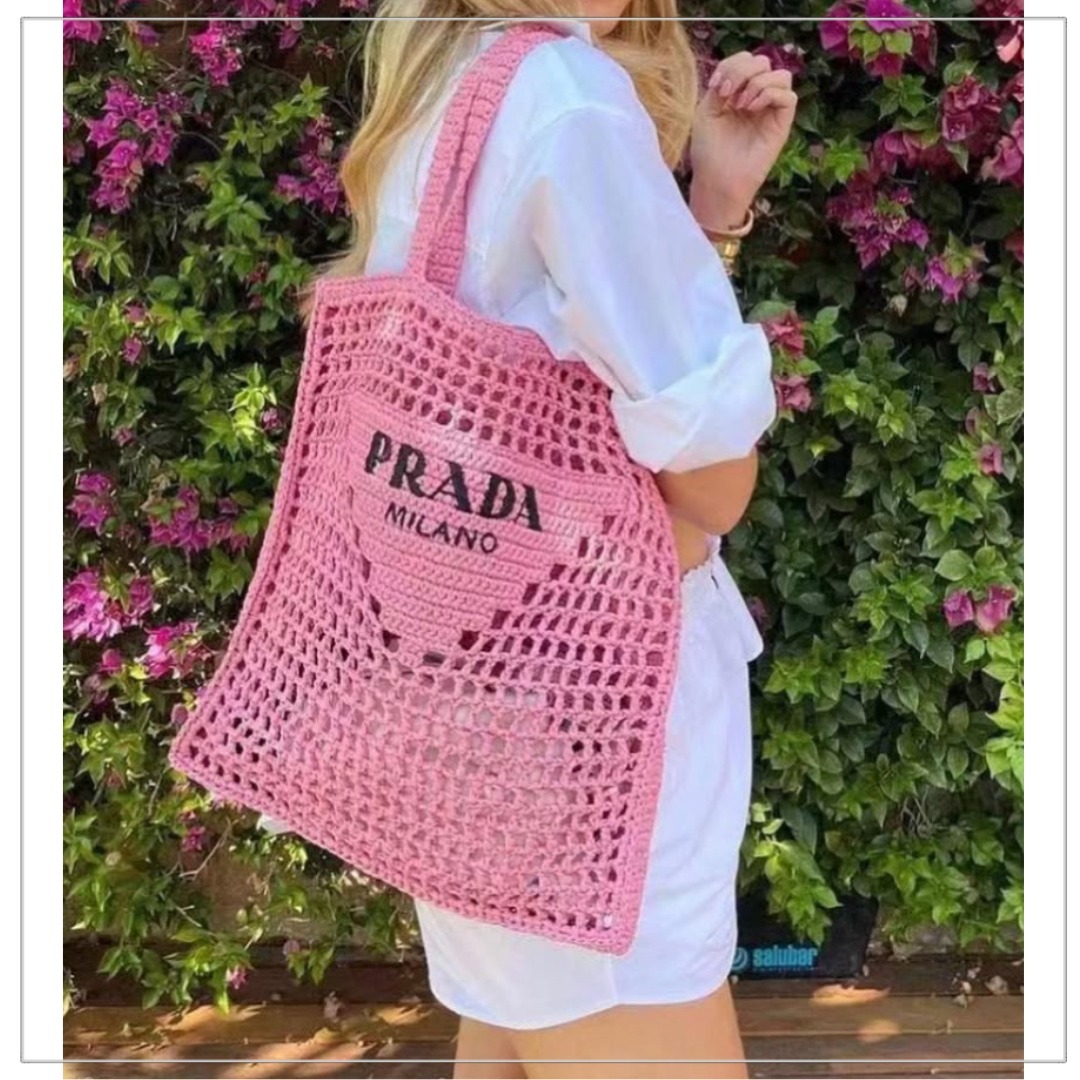 【大人気】PRADA◆ラフィア風 クロッシェ編み トートバッグ ロゴ