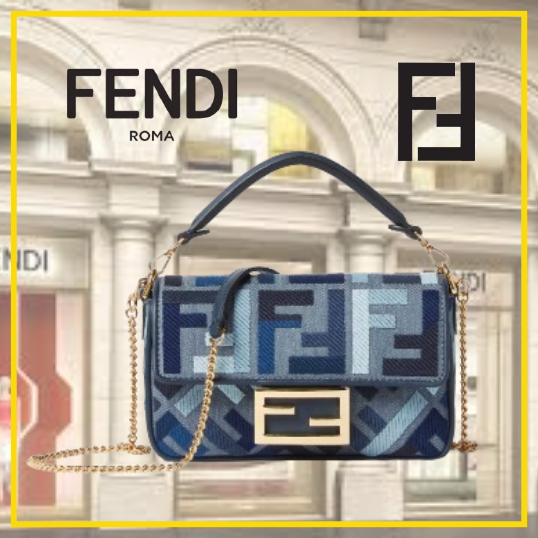 【FENDI】バゲットミニ FF刺繍入りブルーキャンバスバッグ