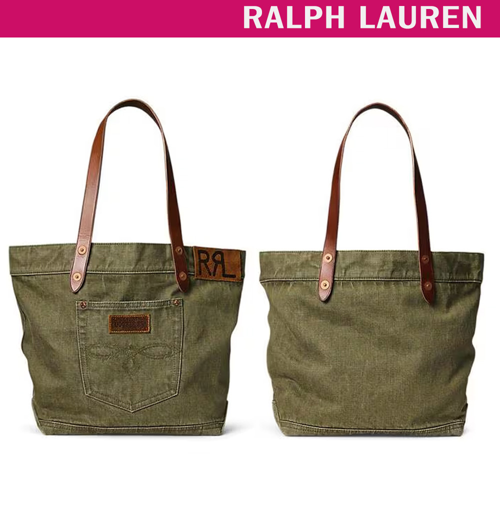Ralph Lauren◆leather trim twill tote bag Olive