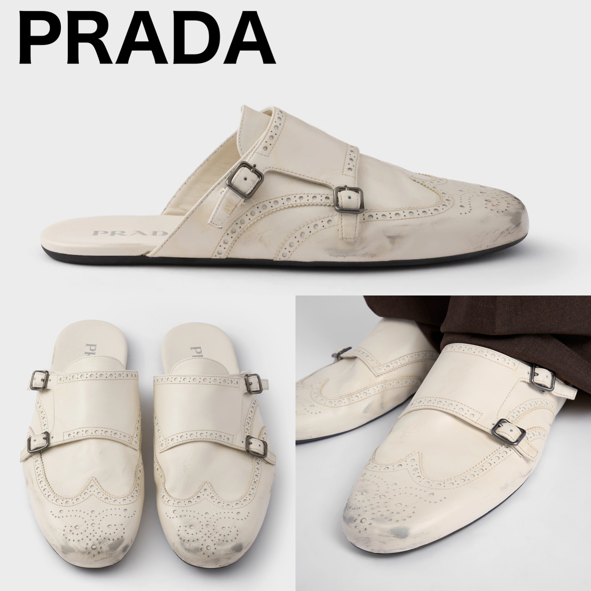 PRADA☆ アンティークレザーダブルモンクストラップミュール