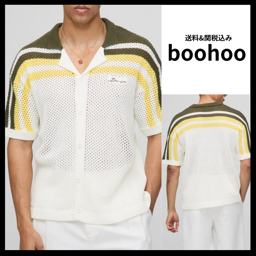 《boohoo》ストライプ オープンステッチ ニットシャツ