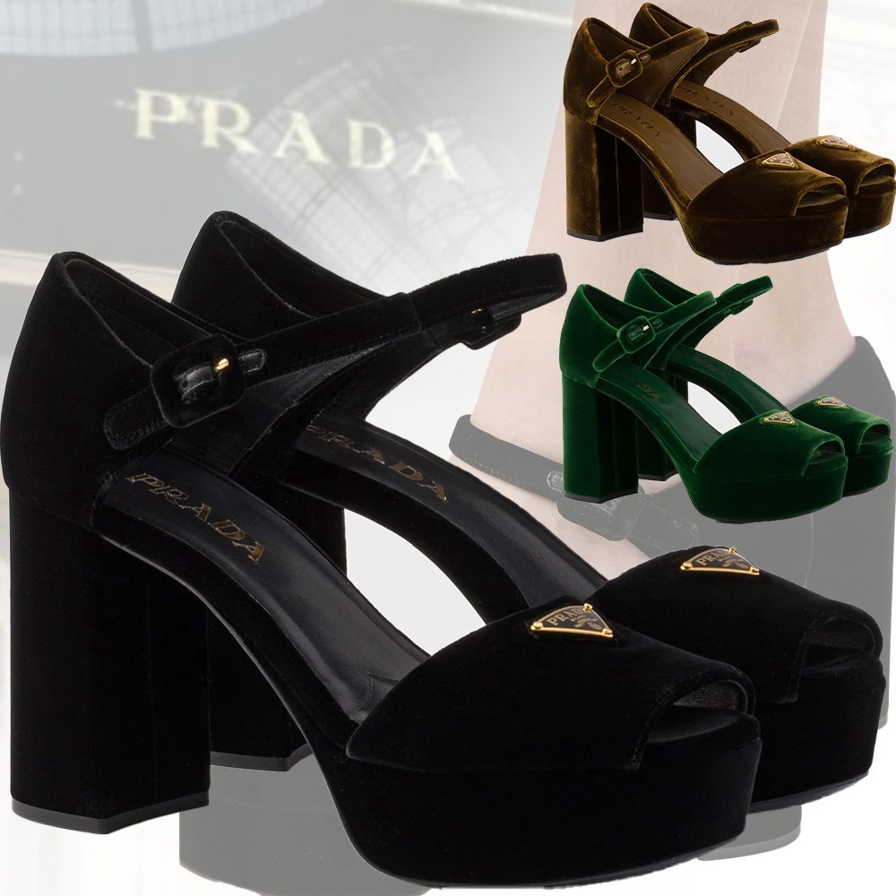 【スタイルアップ】PRADA ベルベット プラットフォームサンダル