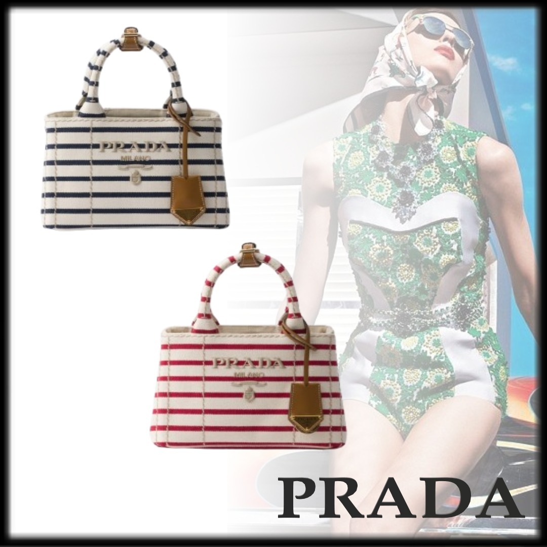 PRADA お洒落 ストライプ コットンキャンバス ミニバッグ