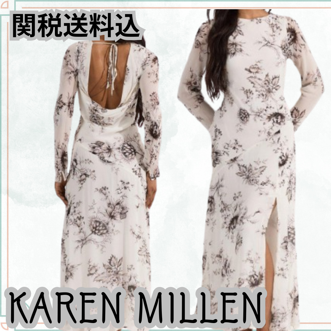 関送込【KAREN MILLEN】スケッチ風フローラル織りカウルバック