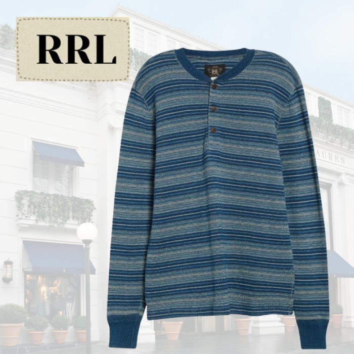 人気★【RRL】インディゴストライプ ジャカードヘンリーシャツ