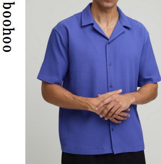 boohoo MAN★オーバーサイズ 半袖 プリーツ ボタン留め シャツ
