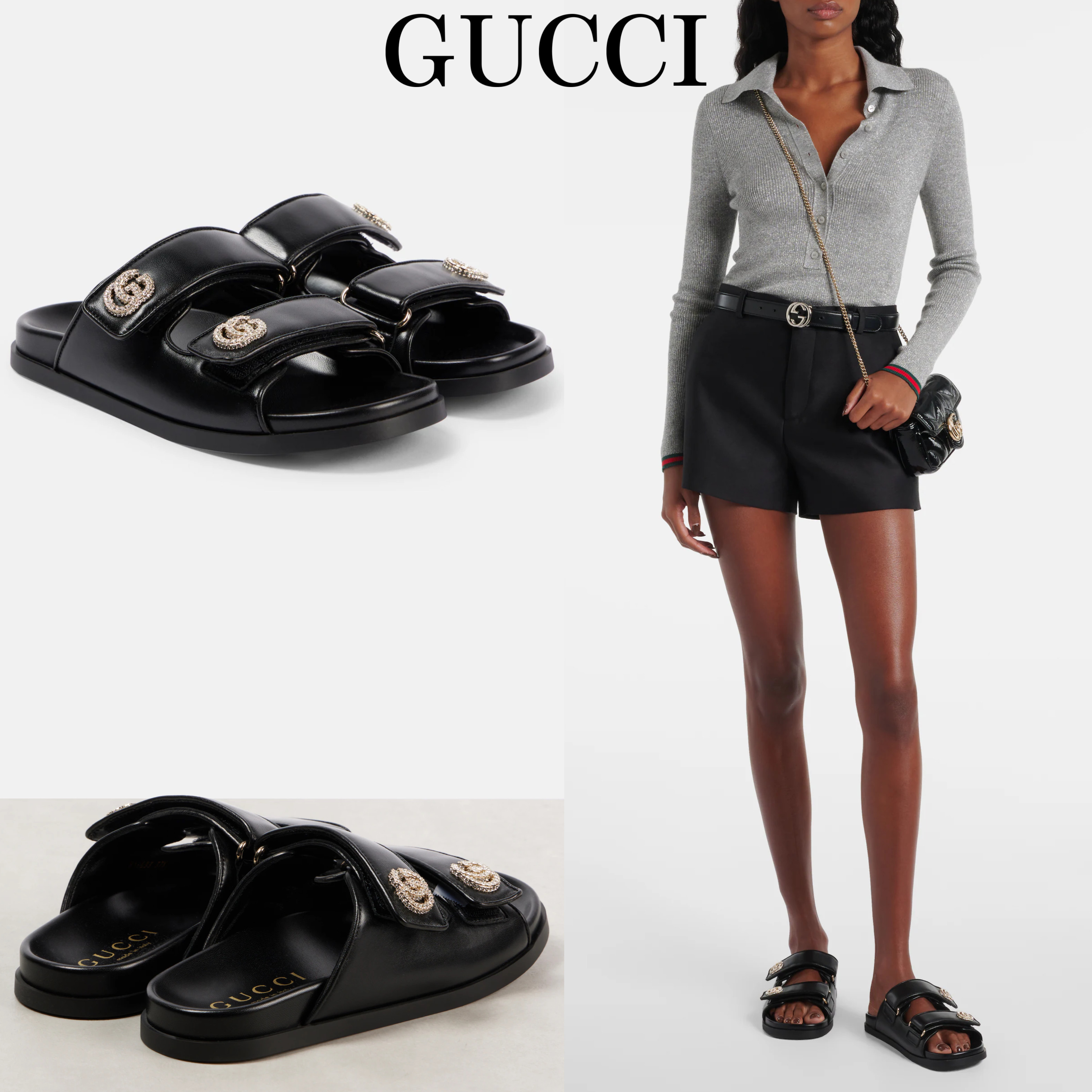 *GUCCI*New Marmont GG レザーサンダル クリスタルロゴ ベルクロ