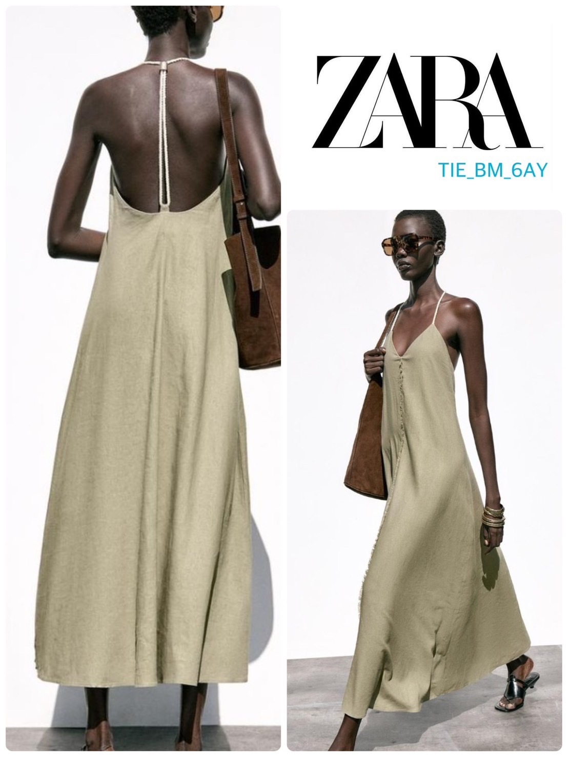 スペイン発送 ZARA ボリュームリネンのミディドレス カジュアル