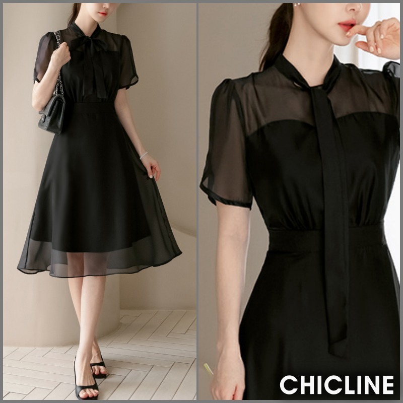 ★ChicLine★ サインドタイネックシフォンフレアワンピース