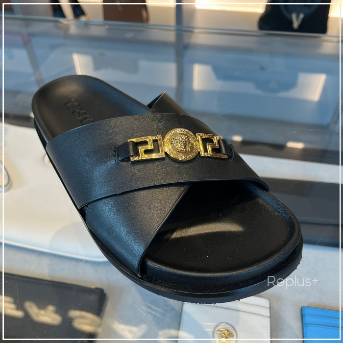 【Versace】メデューサ グレカ スライドサンダル ロゴ ブラック