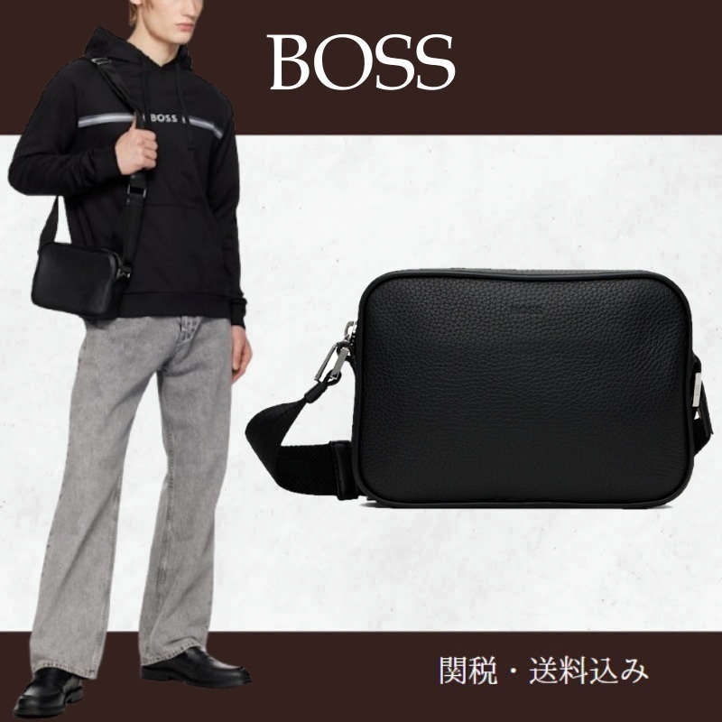 BOSS ボス★ブラック エンボスロゴ レザー バッグ