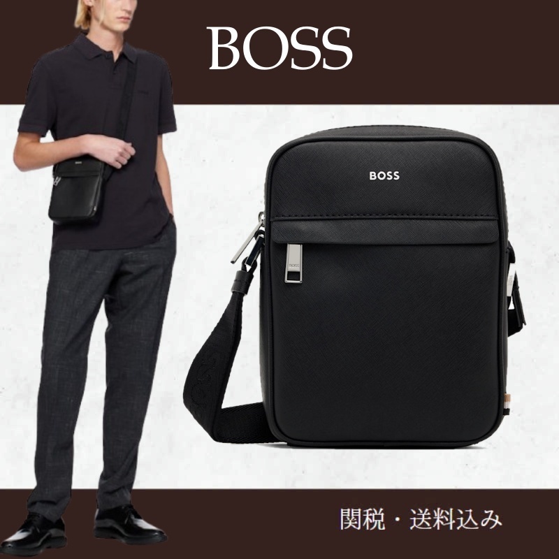 BOSS ボス★ ラージ ジッパー レザー メッセンジャーバッグ
