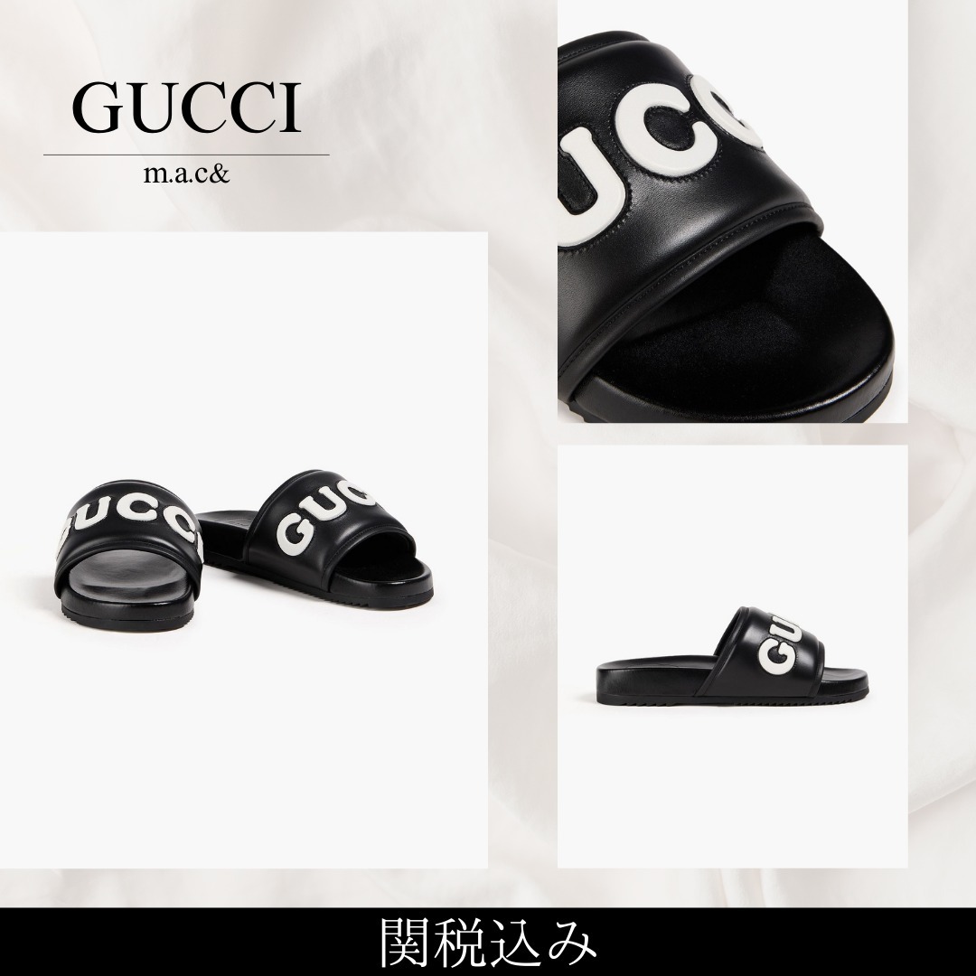 関税込み【GUCCI】レザー スライドサンダル ロゴアップリケ付き