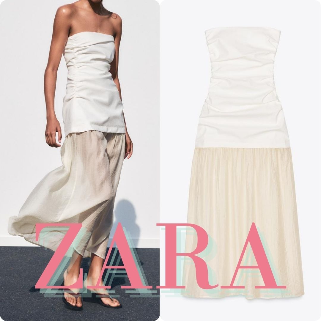 ZARA コンビ ストラップレス ミディ丈ワンピース 3152/362