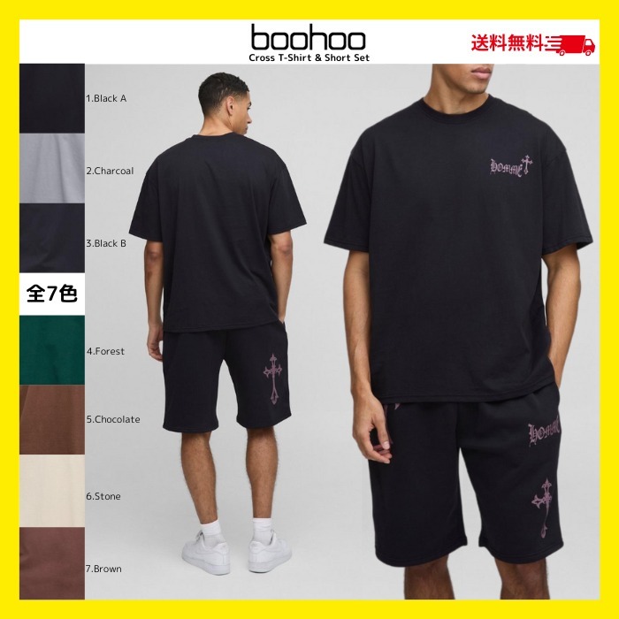 送料無料★boohoo/クロス Tシャツ&ショートパンツ セットアップ