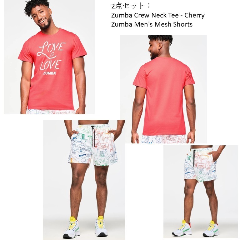 2点Set♪Zumba Crew Neck Tee - Cherry Zumba Men's Mesh Shorts