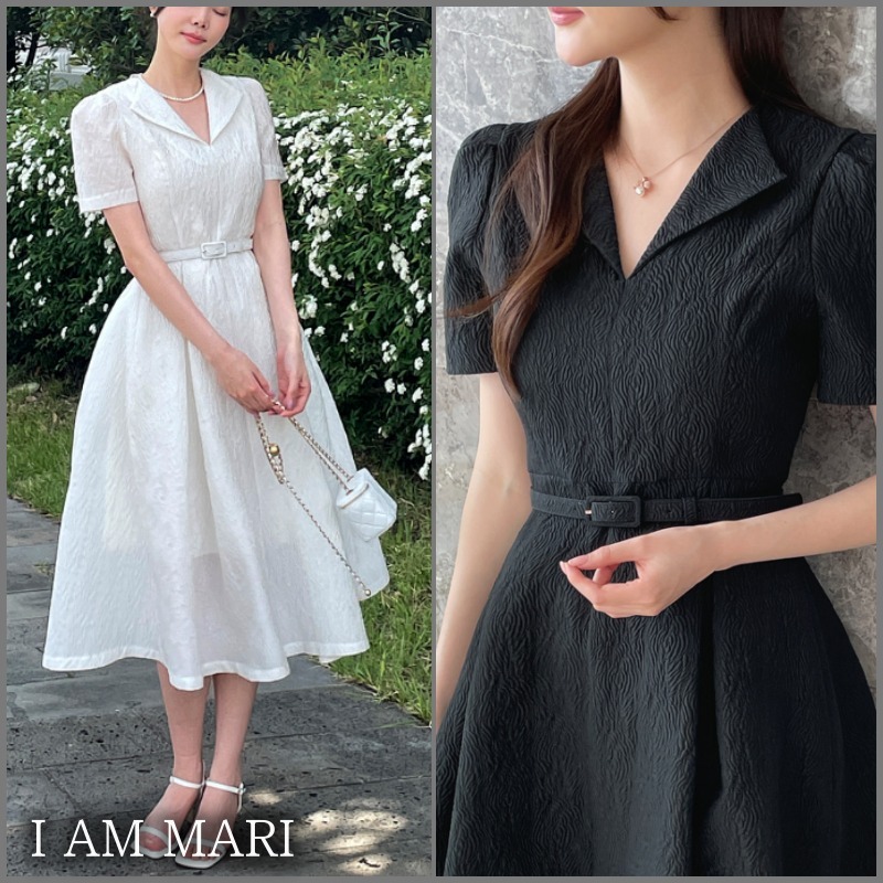 ★IAMMARI★ パフカラー ジャガードロングワンピ（ベルト付）