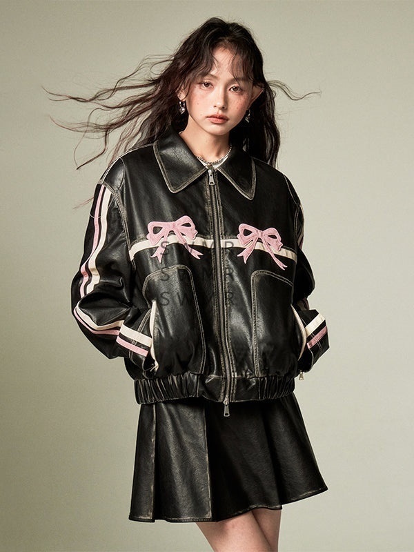 ジャケット DIDDI MODA Bowknot Retro Color-Painted Leather Jacket