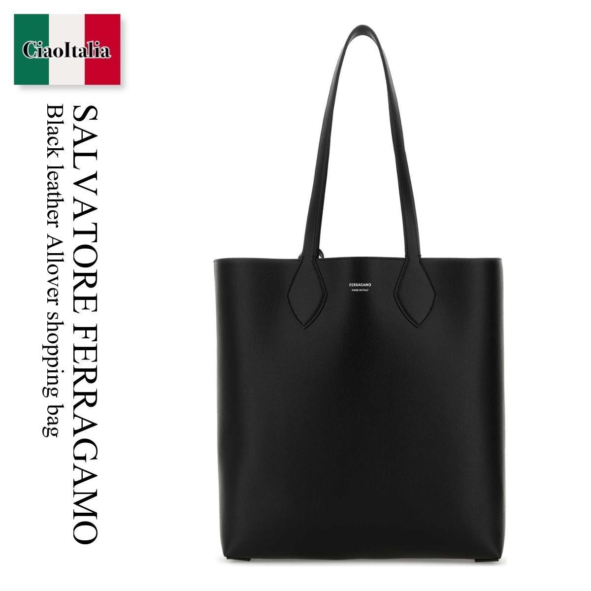 トートバッグ Salvatore Ferragamo Black Leather Allover Shopping Bag